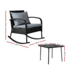 Gardeon 3PC Rocking Chair Table Wicker Outdoor Furniture Patio Bistro Set Black - Image 3