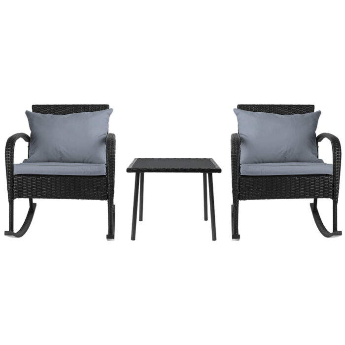 Gardeon 3PC Rocking Chair Table Wicker Outdoor Furniture Patio Bistro Set Black - Image 4