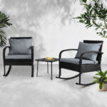 Gardeon 3PC Rocking Chair Table Wicker Outdoor Furniture Patio Bistro Set Black