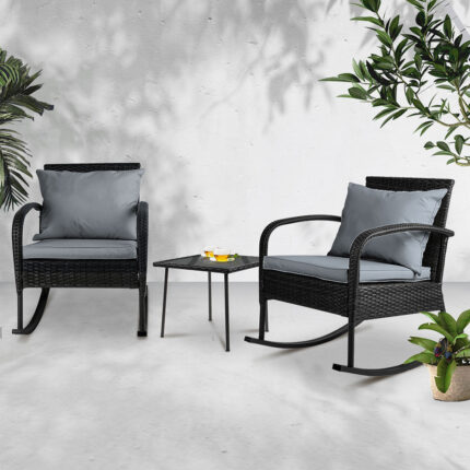 Gardeon 3PC Rocking Chair Table Wicker Outdoor Furniture Patio Bistro Set Black