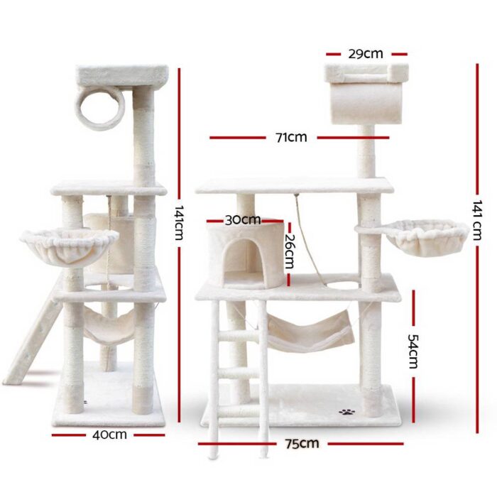 i.Pet Cat Tree 141cm Tower Scratching Post Scratcher Condo Wood House Bed Beige - Image 3