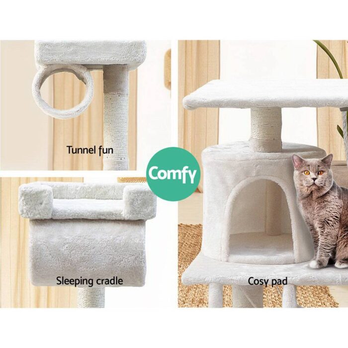 i.Pet Cat Tree 141cm Tower Scratching Post Scratcher Condo Wood House Bed Beige - Image 6