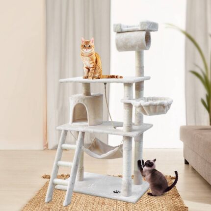 i.Pet Cat Tree 141cm Tower Scratching Post Scratcher Condo Wood House Bed Beige