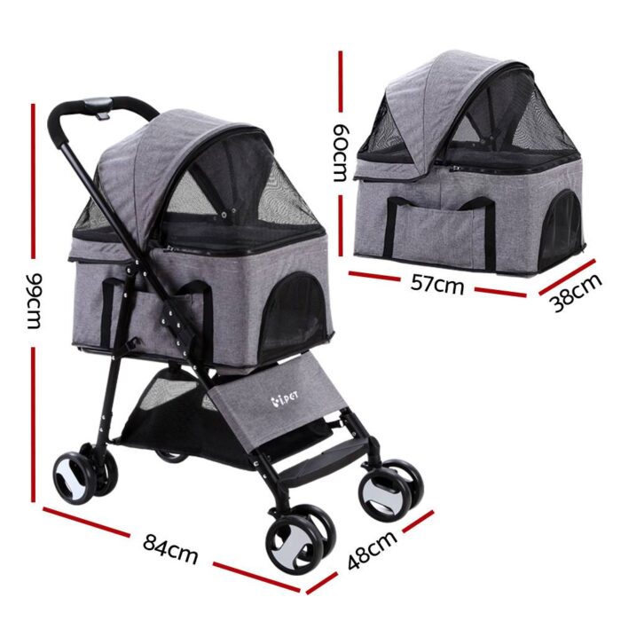 i.Pet Pet Stroller Dog Pram Cat Carrier Travel Large Pushchair Foldable 4 Wheels Grey - Image 3