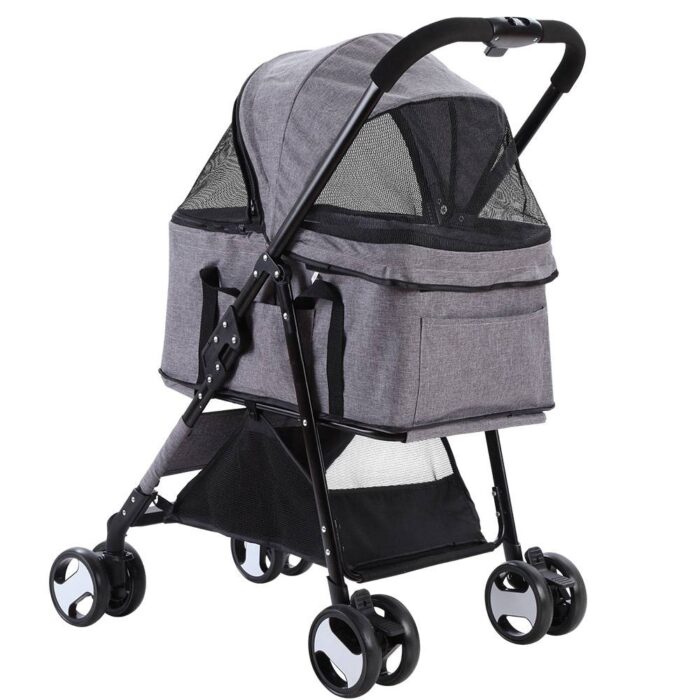 i.Pet Pet Stroller Dog Pram Cat Carrier Travel Large Pushchair Foldable 4 Wheels Grey - Image 4