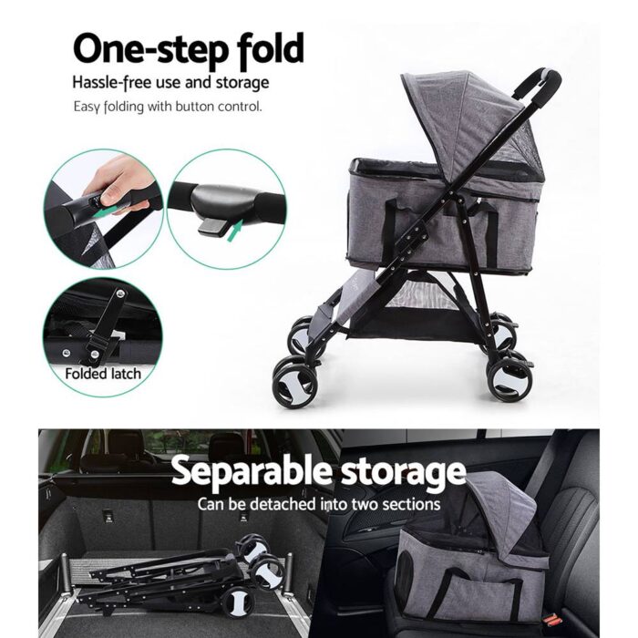 i.Pet Pet Stroller Dog Pram Cat Carrier Travel Large Pushchair Foldable 4 Wheels Grey - Image 6