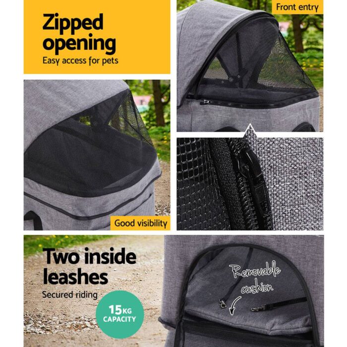 i.Pet Pet Stroller Dog Pram Cat Carrier Travel Large Pushchair Foldable 4 Wheels Grey - Image 7