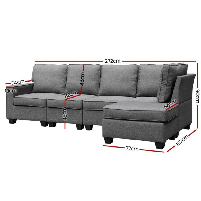 Artiss Sofa Lounge Set 5 Seater Modular Chaise Chair Suite Couch Fabric Grey - Image 6