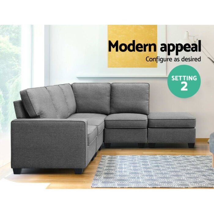 Artiss Sofa Lounge Set 5 Seater Modular Chaise Chair Suite Couch Fabric Grey - Image 4