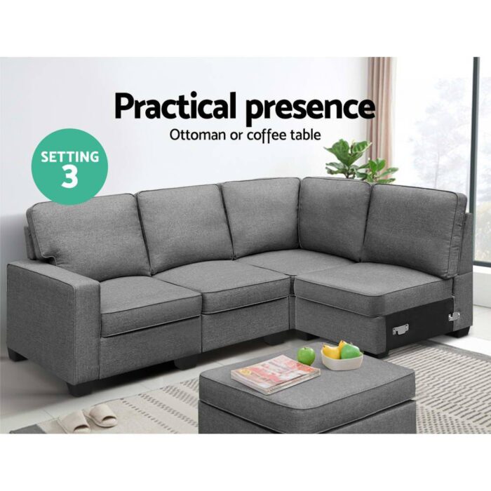 Artiss Sofa Lounge Set 5 Seater Modular Chaise Chair Suite Couch Fabric Grey - Image 3