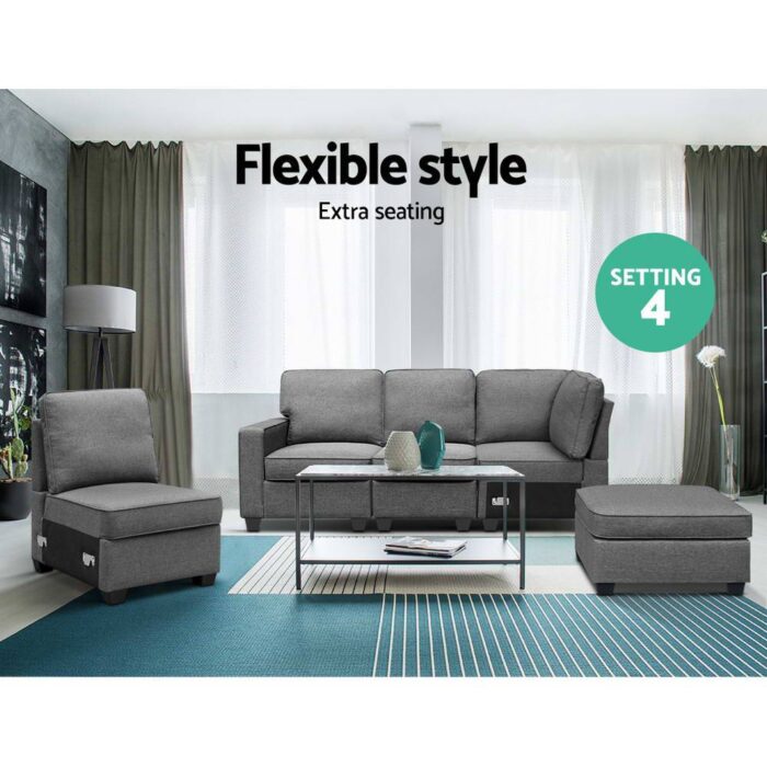 Artiss Sofa Lounge Set 5 Seater Modular Chaise Chair Suite Couch Fabric Grey - Image 2