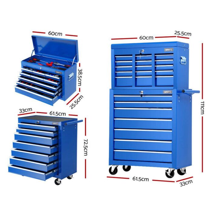 Giantz Tool Chest and Trolley Box Cabinet 16 Drawers Cart Garage Storage Blue - Image 3