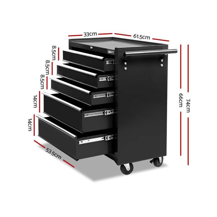 Giantz 5 Drawer Tool Box Cabinet Chest Trolley Box Garage Storage Toolbox Black - Image 3