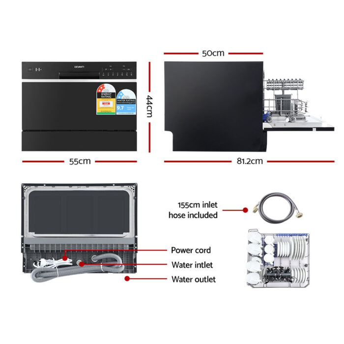 Devanti 6 Place Settings Benchtop Dishwasher Black - Image 2