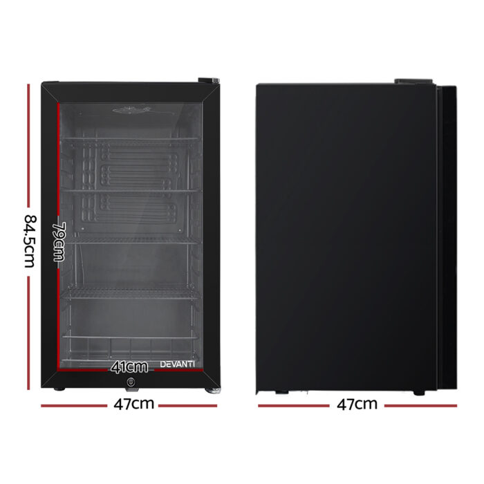 Devanti 98L Bar Fridge Glass Door w/Light Black - Image 2