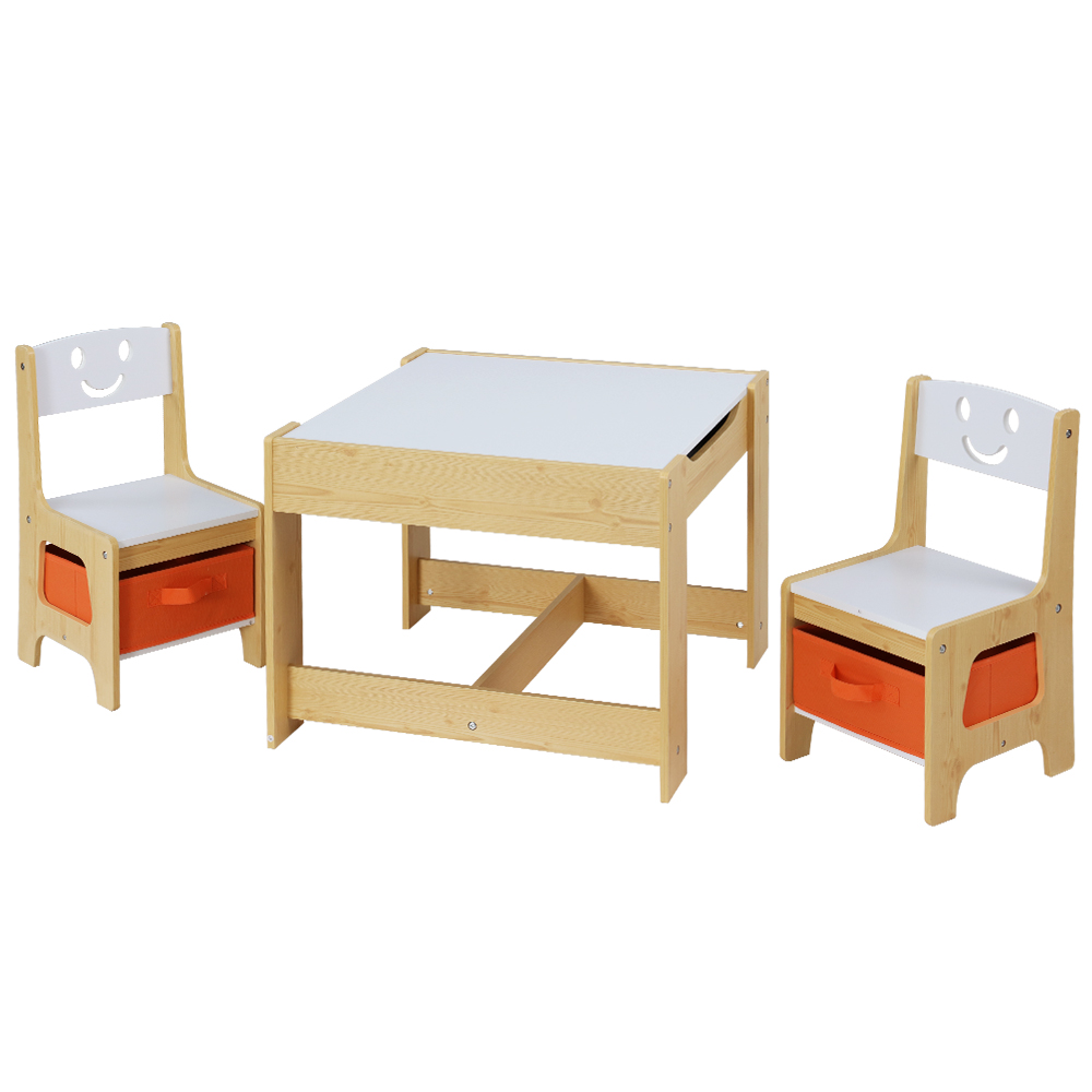 FURNI-G-KTC-WH-NT-00 Keezi 3PCS Kids Table and Chairs Set Activity Desk Chalkboard Toys Storage Box - Image 1
