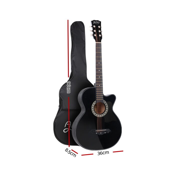 Alpha 38 Inch Acoustic Guitar Wooden Body Steel String Full Size w/ Stand Black - Image 2