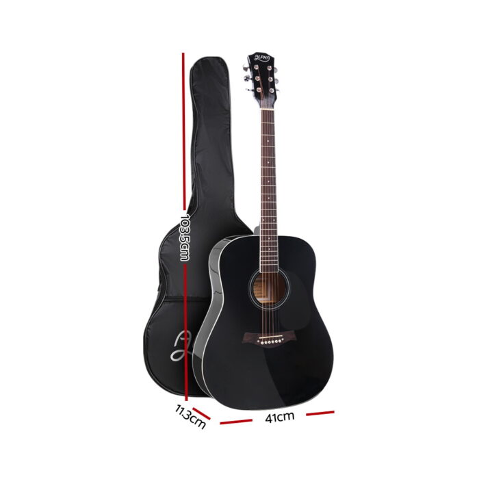Alpha 41 Inch Acoustic Guitar Wooden Body Steel String Dreadnought Black - Image 2