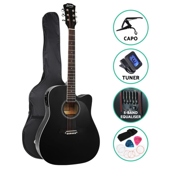Alpha 41 Inch Acoustic Guitar Equaliser Electric Output Cutaway w/ Stand Black - Image 3
