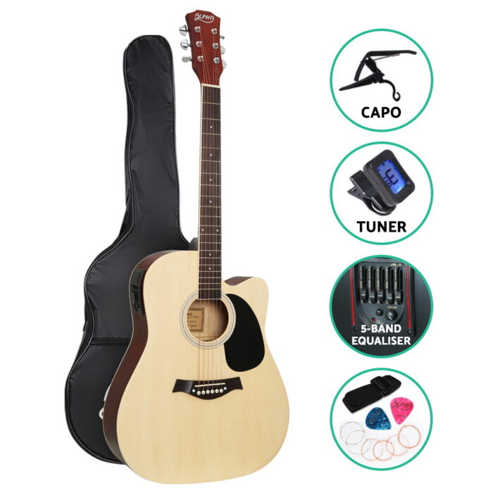 Alpha 41 Inch Acoustic Guitar Equaliser Electric Output Cutaway w/ Stand Wood - Image 3
