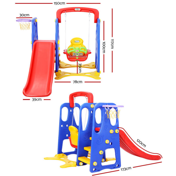 Keezi Kids Slide Swing Set Basketball Hoop Outdoor Playground Toys 120cm Blue - Image 2