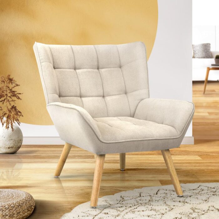 Oikiture Armchair Fabric Upholstered Tub Chair Beige - Image 5