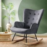 Oikiture Rocking Chair Armchair Velvet Accent Chairs Fabric Upholstered Grey - Image 6