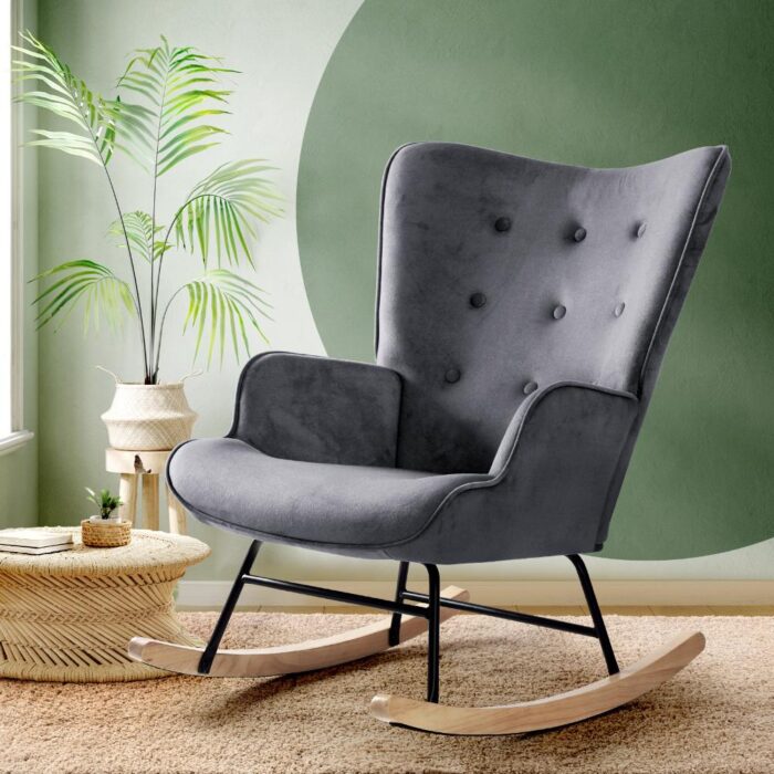 Oikiture Rocking Chair Armchair Velvet Accent Chairs Fabric Upholstered Grey - Image 6