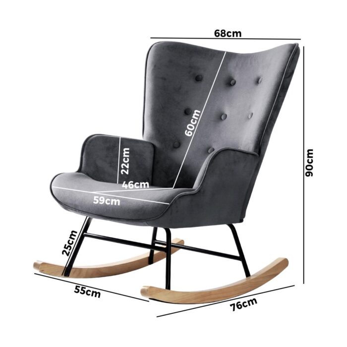 Oikiture Rocking Chair Armchair Velvet Accent Chairs Fabric Upholstered Grey - Image 3