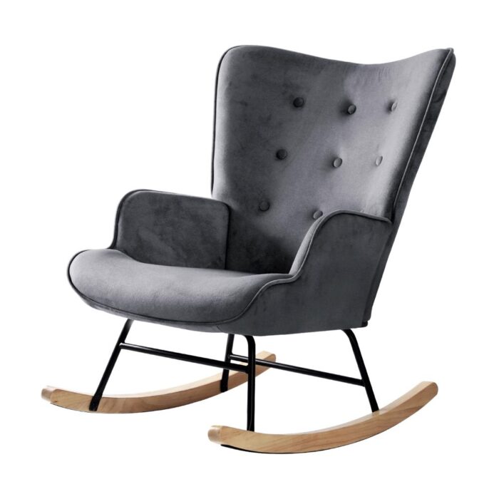 Oikiture Rocking Chair Armchair Velvet Accent Chairs Fabric Upholstered Grey - Image 4