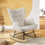 Oikiture Rocking Chair Nursing Armchair Velvet Accent Chairs Upholstered Beige - Image 7