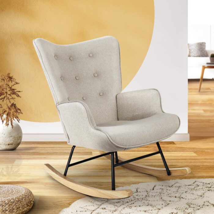Oikiture Rocking Chair Nursing Armchair Velvet Accent Chairs Upholstered Beige - Image 7