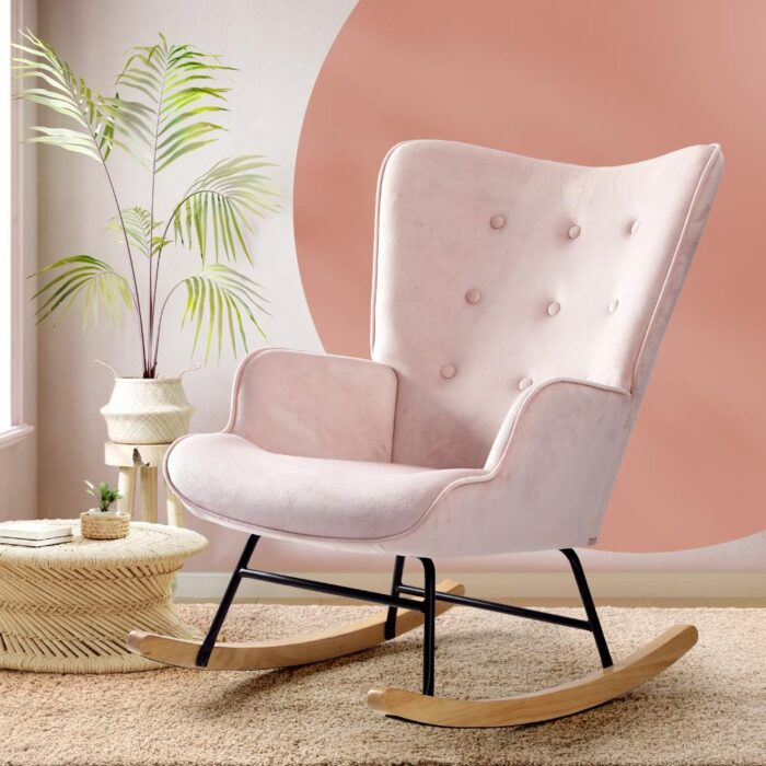 Oikiture Rocking Chair Nursing Armchair Velvet Accent Chairs Upholstered Pink - Image 2