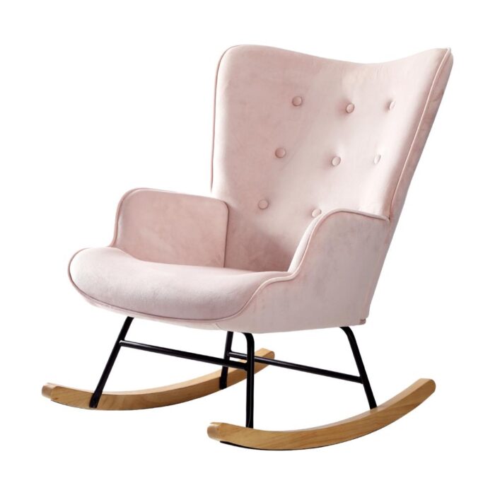 Oikiture Rocking Chair Nursing Armchair Velvet Accent Chairs Upholstered Pink - Image 5