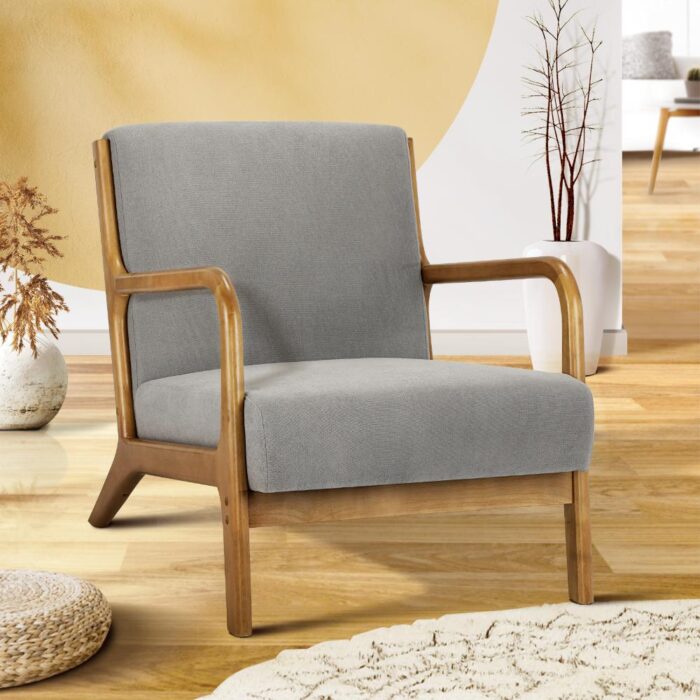 Oikiture Armchair Lounge Chair Accent Armchairs Couches Sofa Bedroom Wood Grey - Image 6
