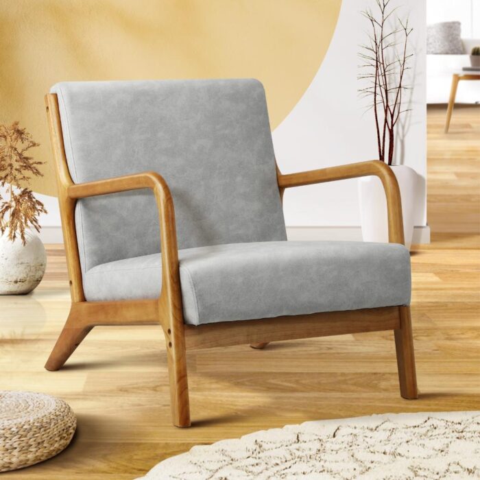 Oikiture Armchair Wood Couches Light Grey - Image 2