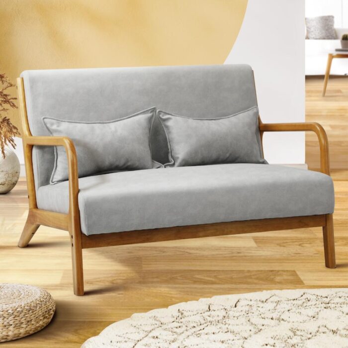 Oikiture Armchair 2 Seater Sofa Fabric Grey Pillows - Image 6