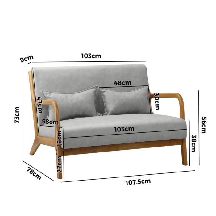 Oikiture Armchair 2 Seater Sofa Fabric Grey Pillows - Image 4