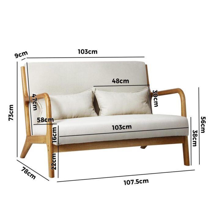 Oikiture Armchair Couch Pillows 2 Seater Fabric Beige - Image 2