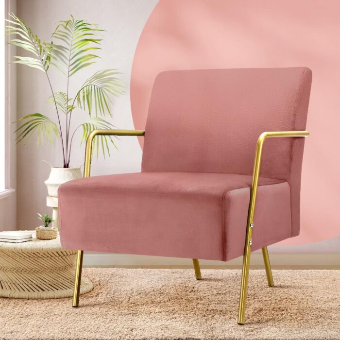 Oikiture Armchair Lounge Sofa Chair Velvet Accent Chairs Armchairs Couches Pink - Image 3