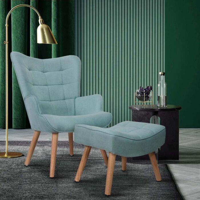 Oikiture Armchair with Footstool Fabric Blue - Image 6