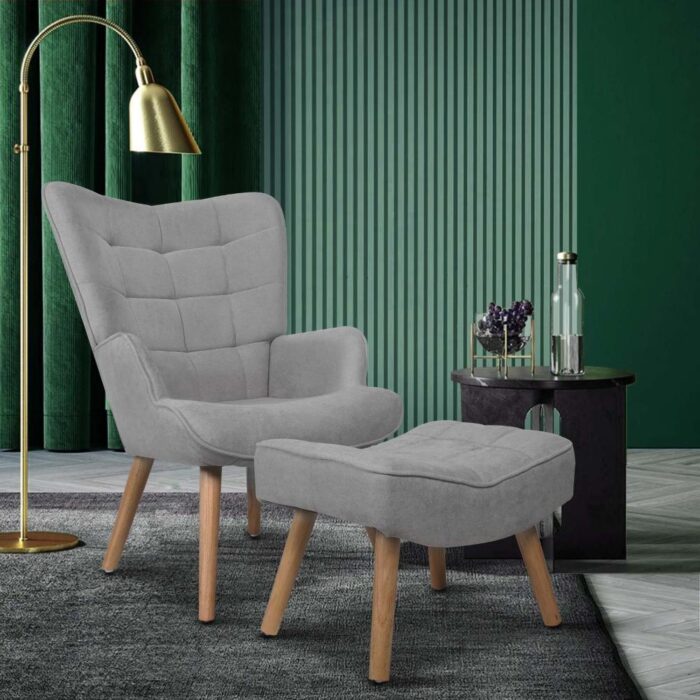 Oikiture Armchair with Footstool Fabric Grey - Image 6