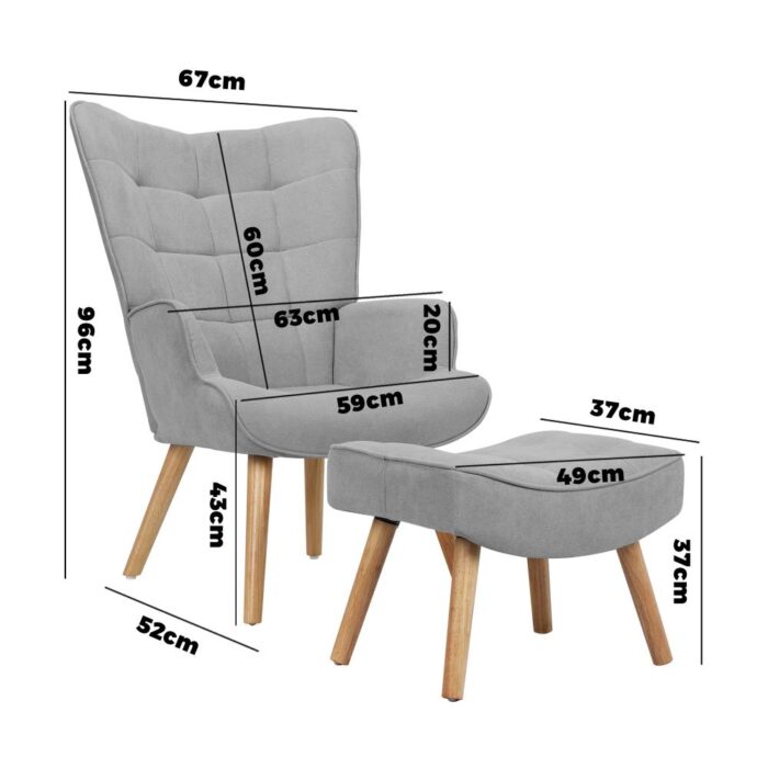 Oikiture Armchair with Footstool Fabric Grey - Image 3