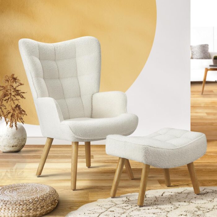 Oikiture Armchair with Footstool Sherpa White - Image 7