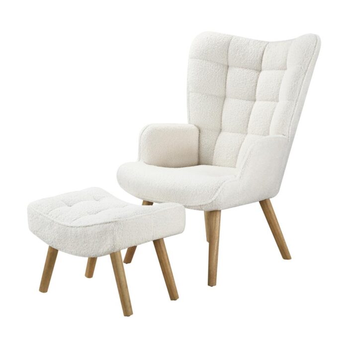 Oikiture Armchair with Footstool Sherpa White - Image 2