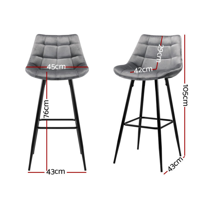 Artiss 2x Bar Stools Velvet Chairs Grey - Image 2