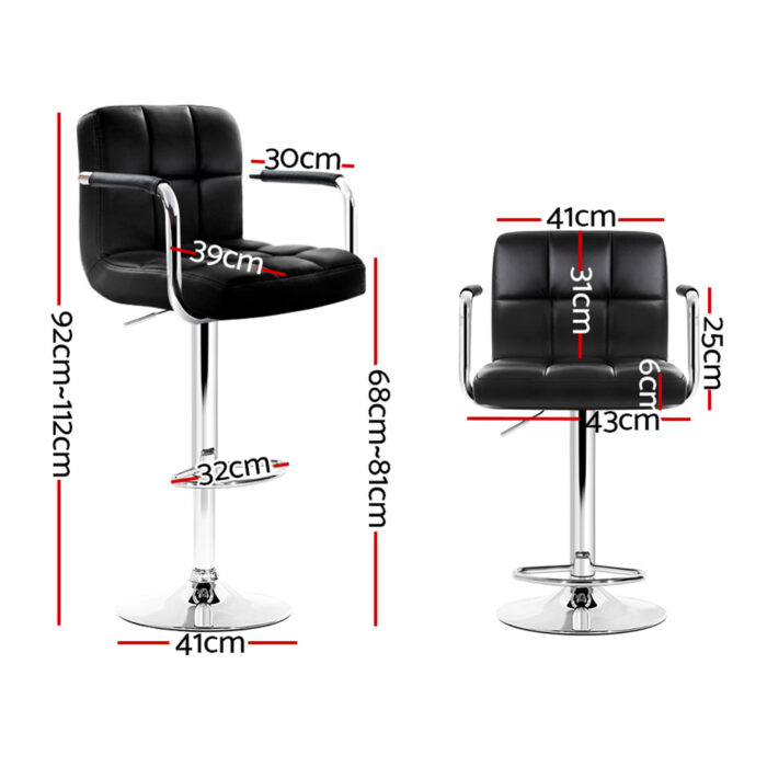 Artiss 4x Bar Stools Leather Gas Lift w/Armrest Black - Image 2