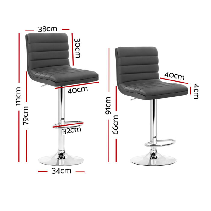 Artiss 2x Bar Stools Padded Leather Gas Lift Grey - Image 2