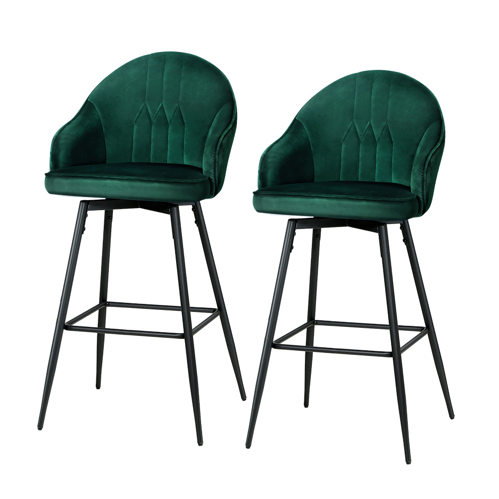 BA-K-9969-GNX2-00 Artiss 2x Bar Stools Velvet Swivel Metal Legs Green - Image 1