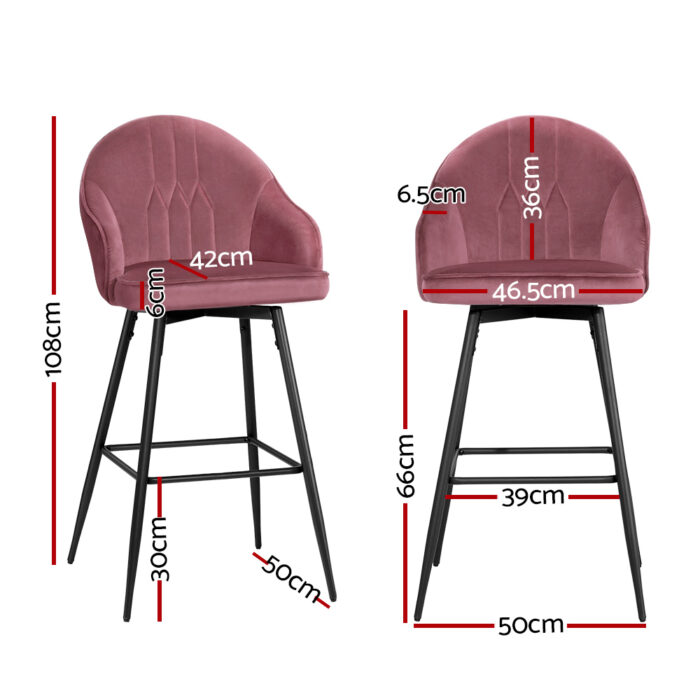 Artiss Set of 2 Bar Stools Kitchen Stool Dining Chairs Velvet Chair Barstool Pink Mesial - Image 2